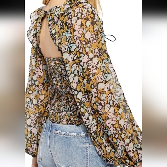 Free People Floral Mabel Ruffle Balloon Sleeve Top M Like New - Picture 2 of 11